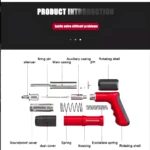 Pistola clavadora neumática de acero despiezada, con rótulos de componentes como resorte, carcasa y pasador.