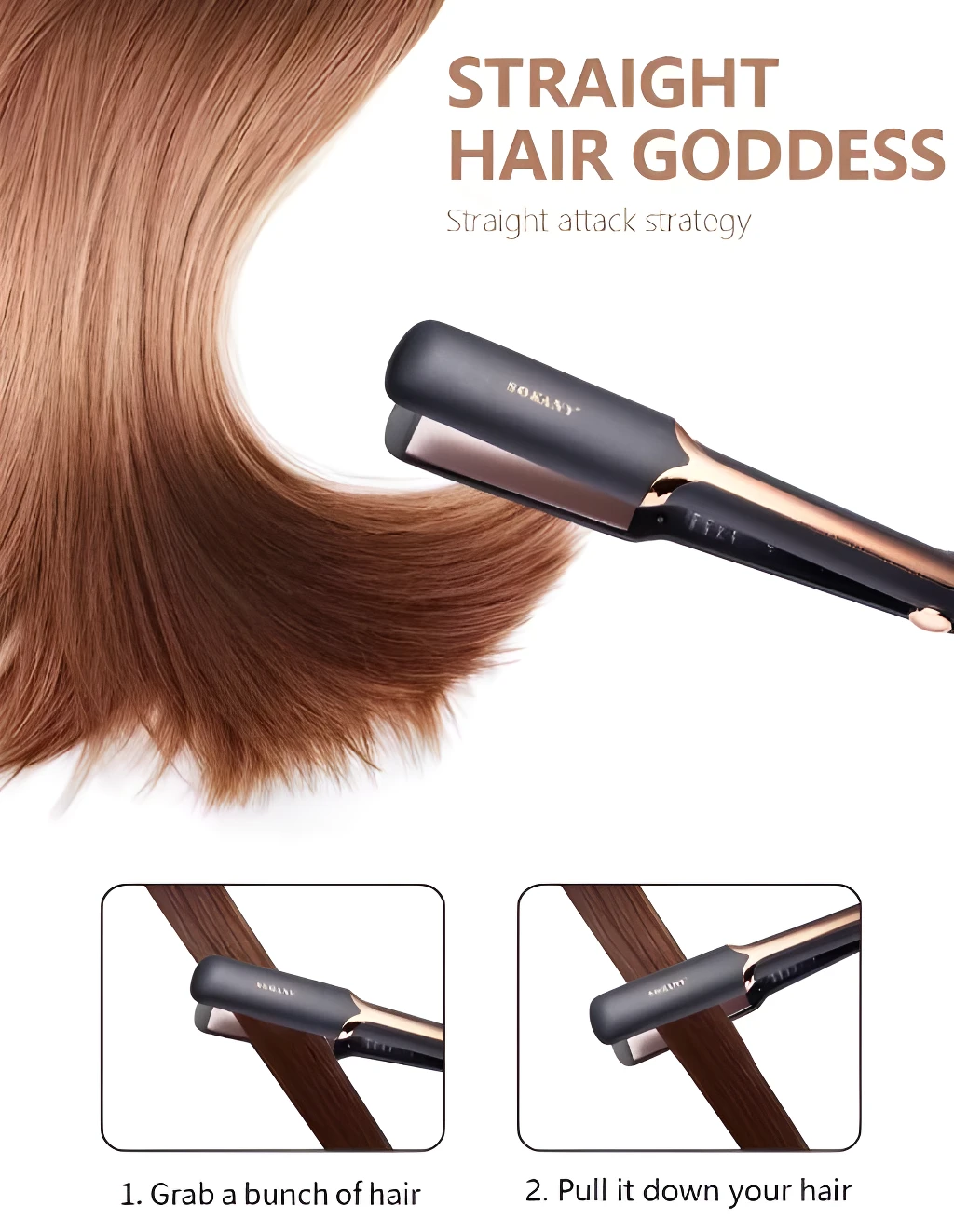 Plancha de pelo profesional Sokany alisando cabello liso y brillante.