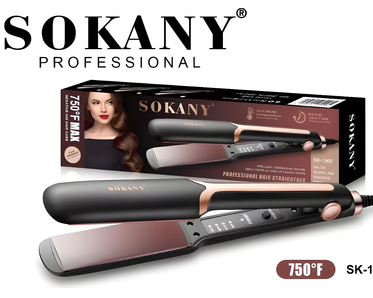 Plancha de pelo profesional Sokany 750°F Max SK-1907, color negro y oro, con tecnología de iones negativos.