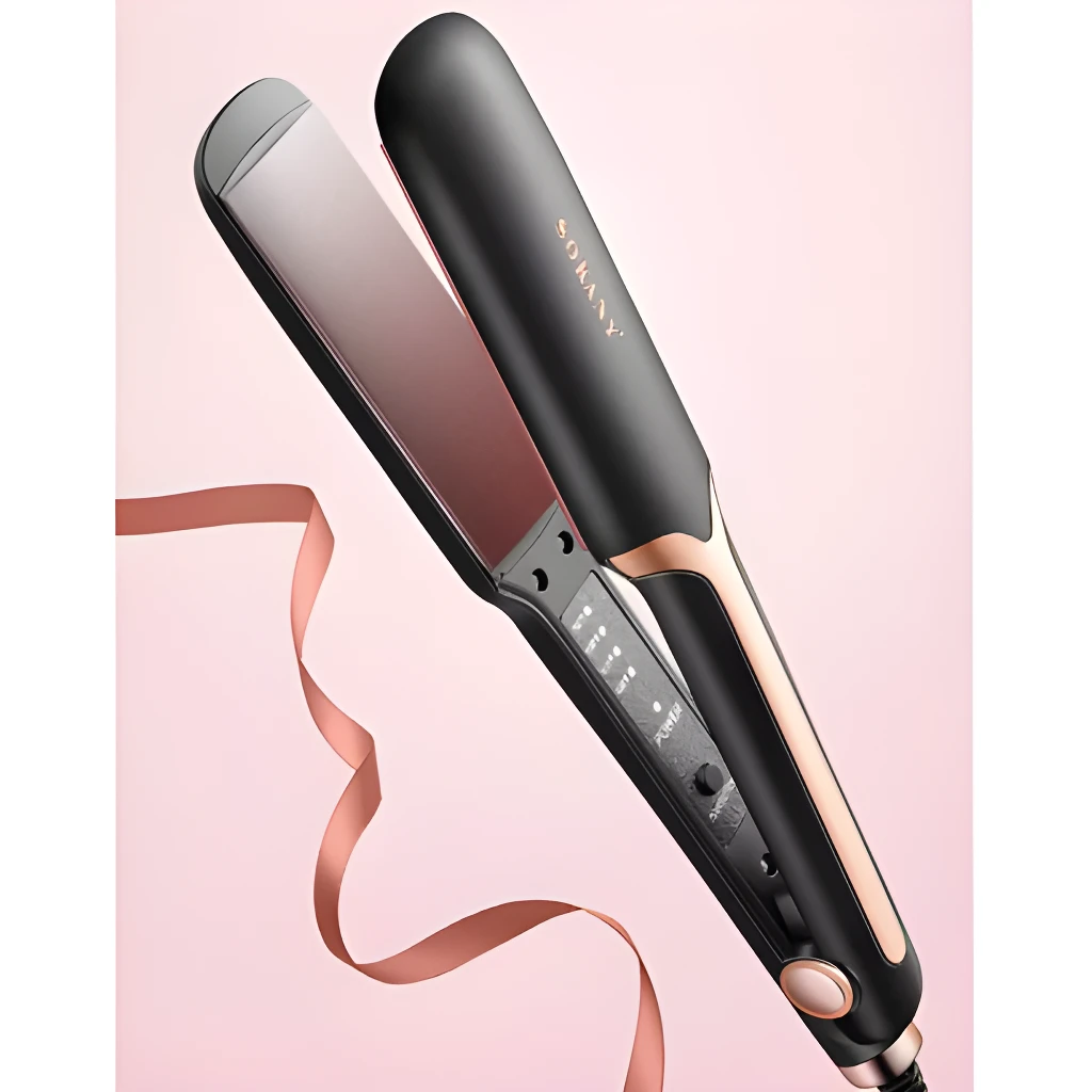 Plancha de pelo profesional Sokany negra y dorada con calentamiento ajustable.