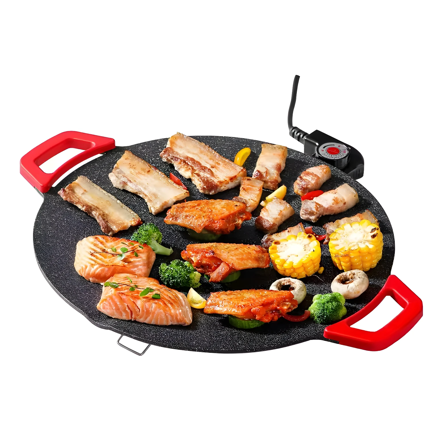 Plancha eléctrica redonda con carnes, pescados, verduras y mazorcas listas para asar.