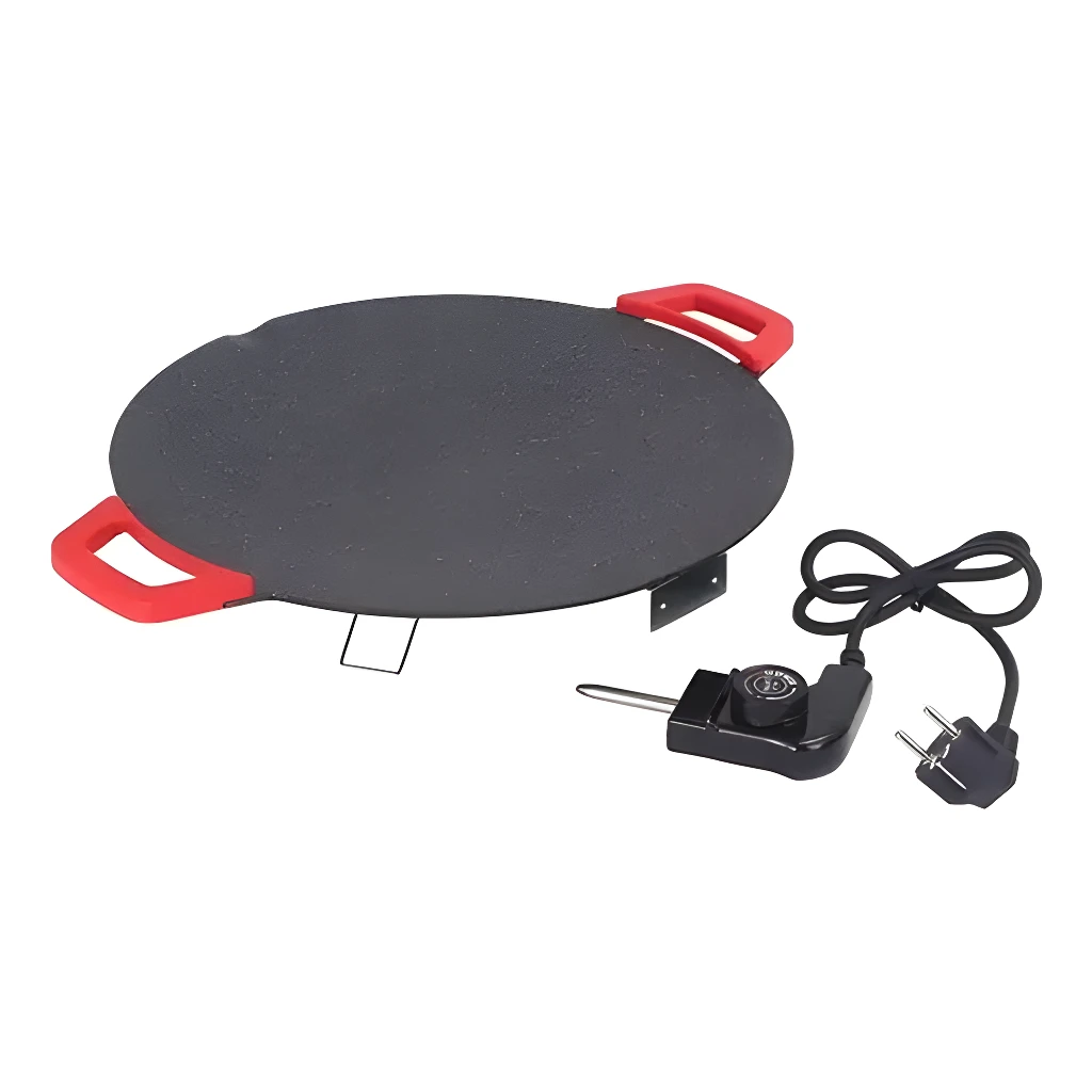 Plancha eléctrica redonda con asas rojas y control de temperatura, ideal para cocina.