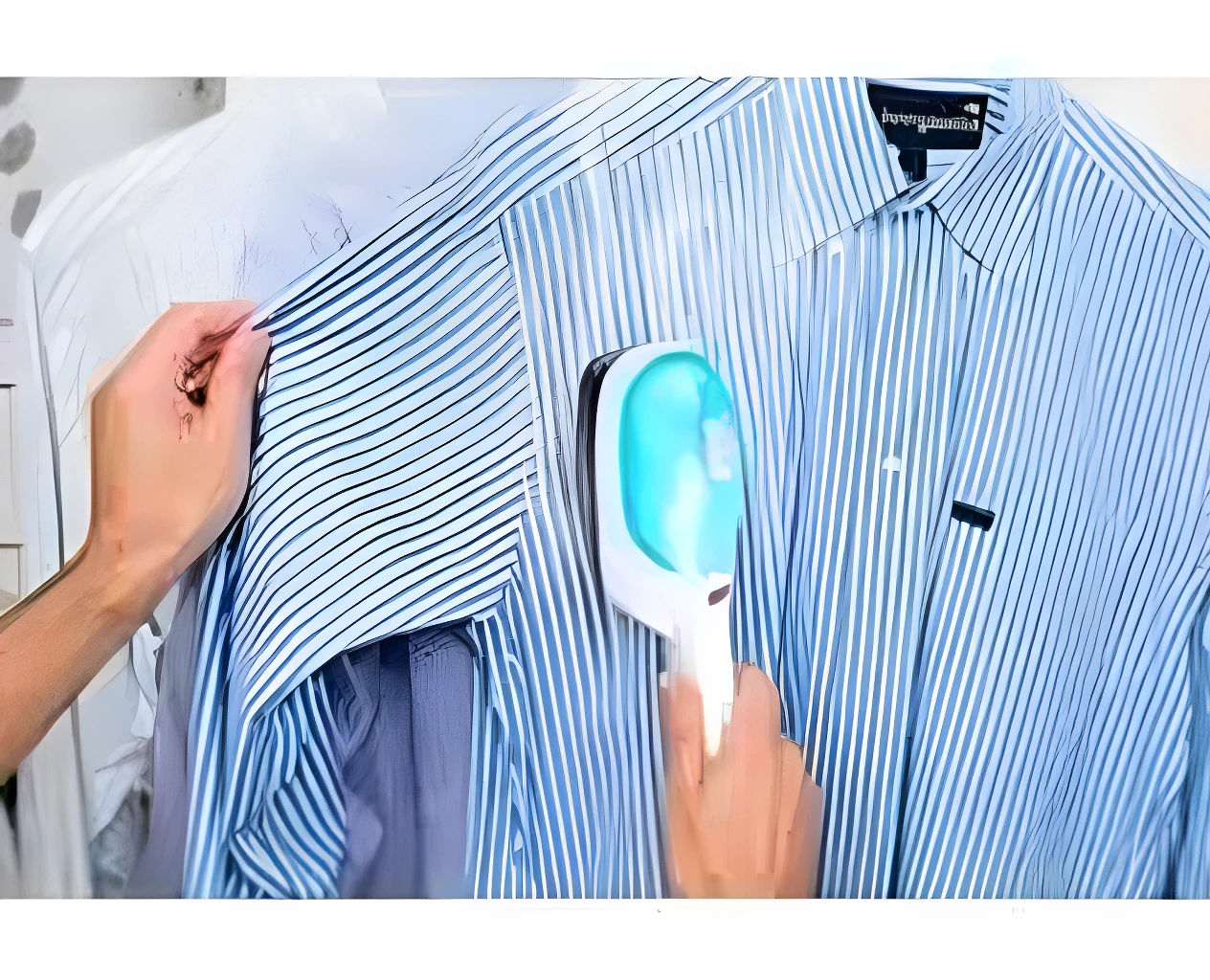 Plancha portátil de vapor Tobi alisando una camisa de rayas azules colgada, eliminando arrugas.