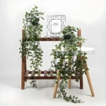 Planta colgante verde con maceta, decoración con marco de fotos y estante de madera.