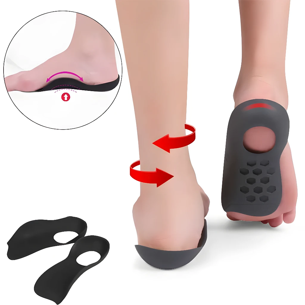 Plantillas ortopédicas para soporte de arco y talón, aliviando el dolor de pies planos.