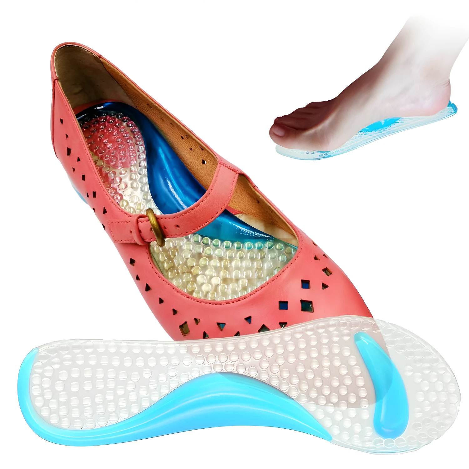 Plantilla para pie plano adulto con soporte en gel, ideal para zapatos rosados tipo bailarina.