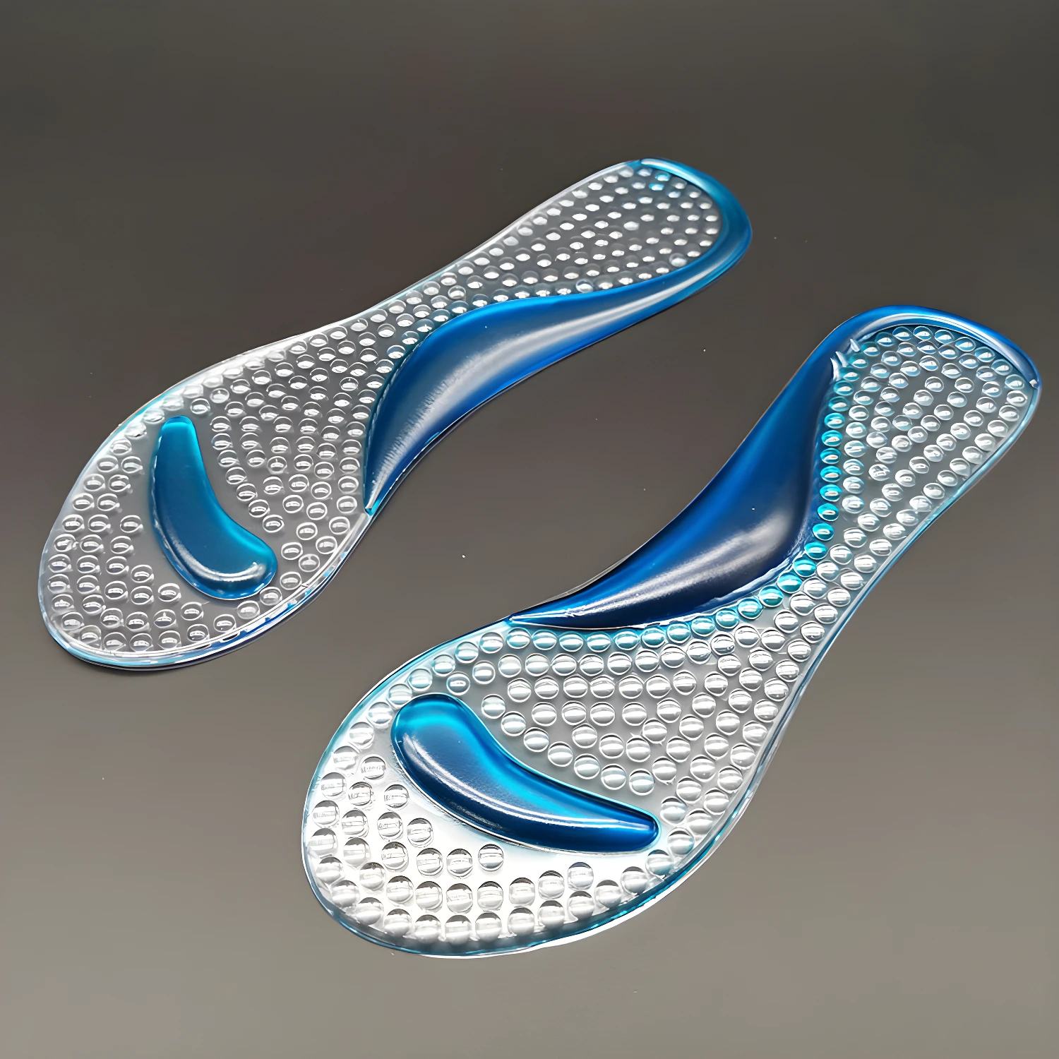 Plantillas pie plano adulto: azul y transparentes con textura de burbujas.