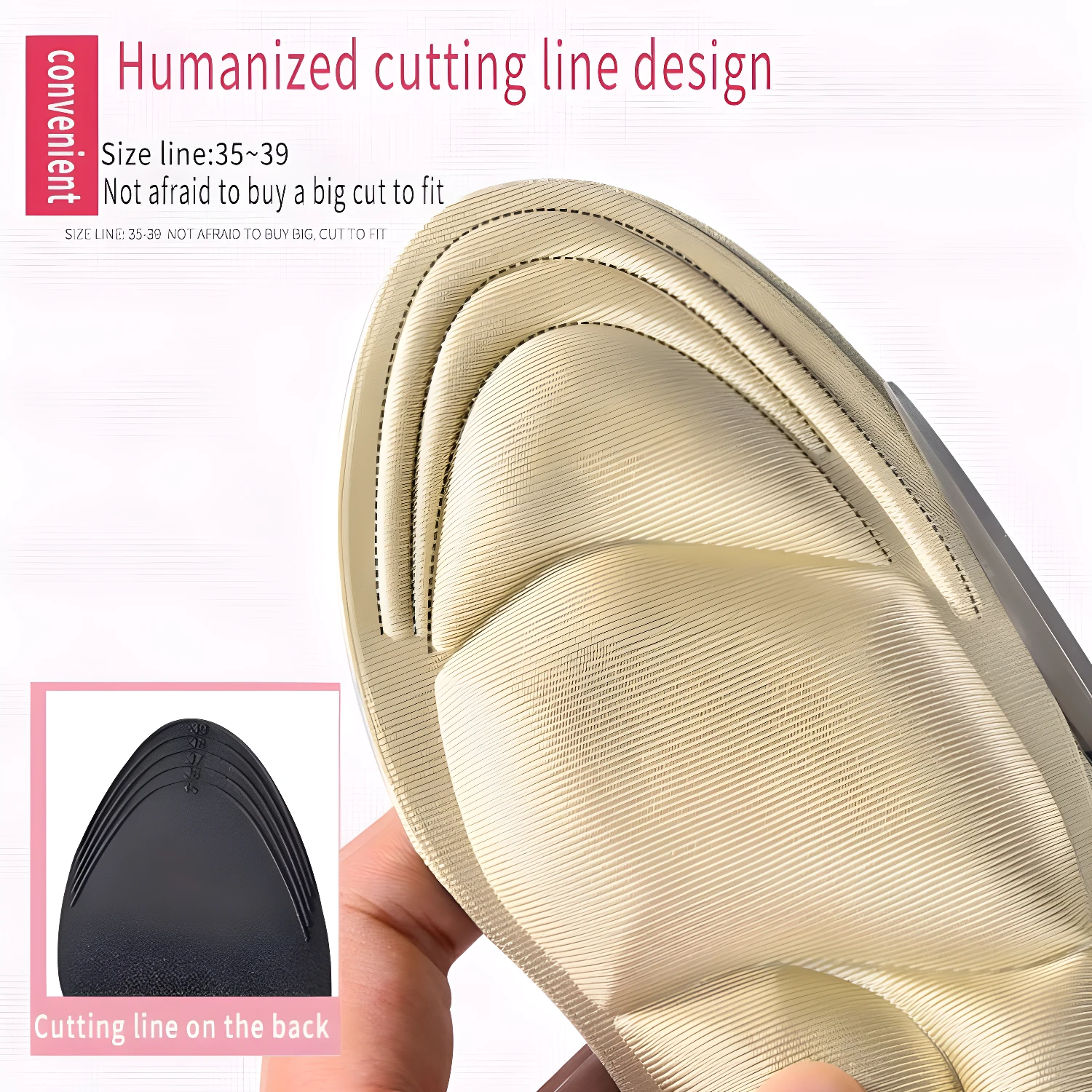 Plantillas para tacones de uso diario con líneas de corte para ajuste personal.