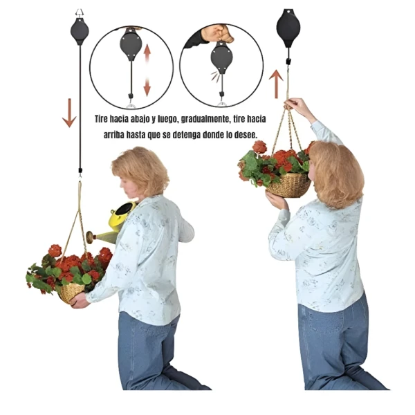 Polea para materas colgantes: sube y baja con facilidad, ideal para plantas.