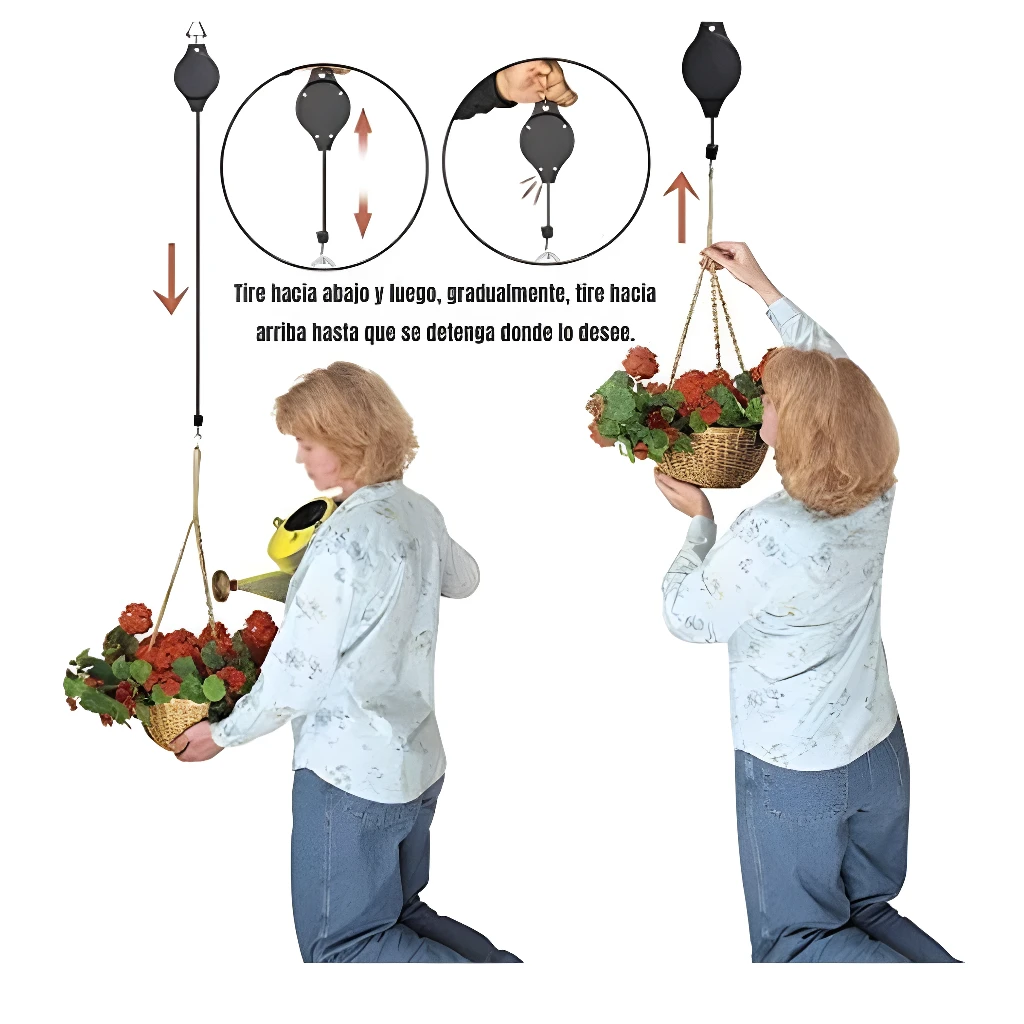 Polea para materas colgantes: sube y baja con facilidad, ideal para plantas.