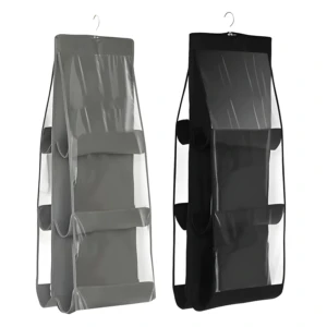 Porta bolsos colgante gris y negro con múltiples compartimentos transparentes.