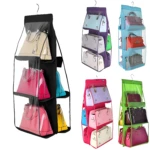 Porta bolsos colgante de tela con múltiples compartimentos para organizar carteras.