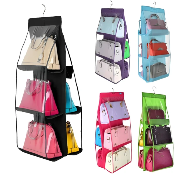 Porta bolsos colgante de tela con múltiples compartimentos para organizar carteras.