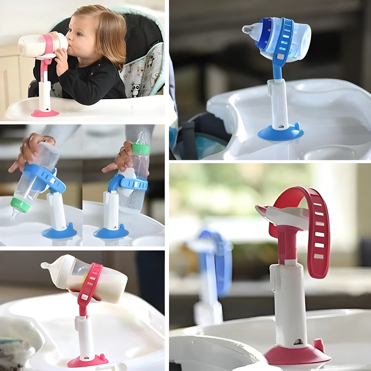 Porta teteros para bebés, ajustable y manos libres, en tramos para silla de comer.