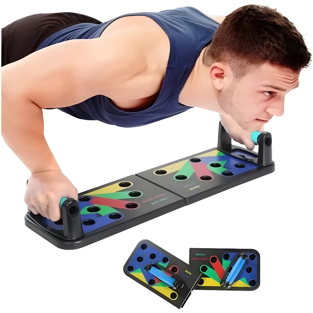 Soporte profesional de flexiones con agarres para entrenamiento pectoral, hombros y tríceps.