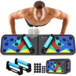 Soporte profesional de flexiones para entrenar pecho, espalda y tríceps con manerales ergonómicos.