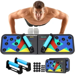 Soporte profesional de flexiones para entrenar pecho, espalda y tríceps con manerales ergonómicos.
