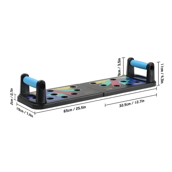Soporte profesional de flexiones con agarraderas azules y marcado de posiciones, 65cm.