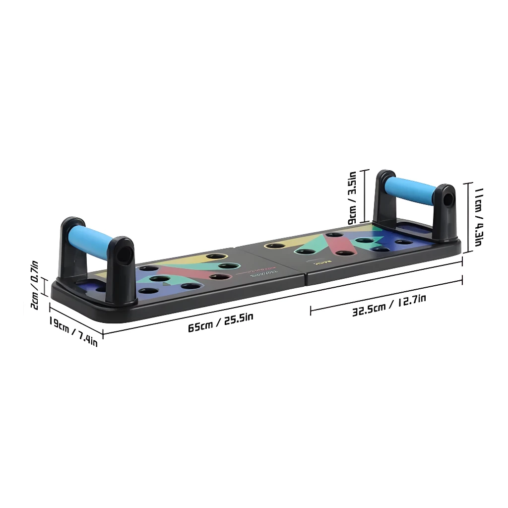 Soporte profesional de flexiones con agarraderas azules y marcado de posiciones, 65cm.