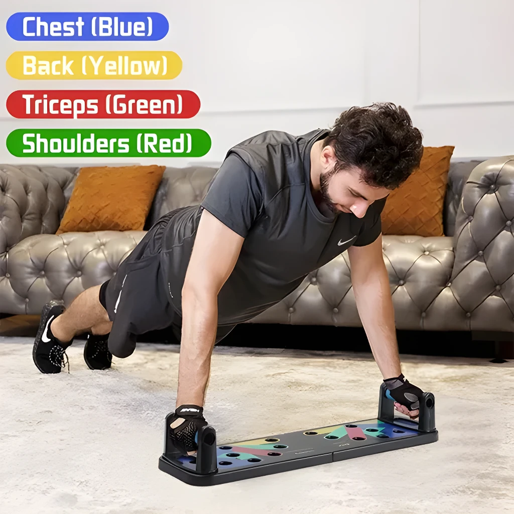 Hombre entrenando pecho, espalda, tríceps y hombros en soporte de flexiones profesional.