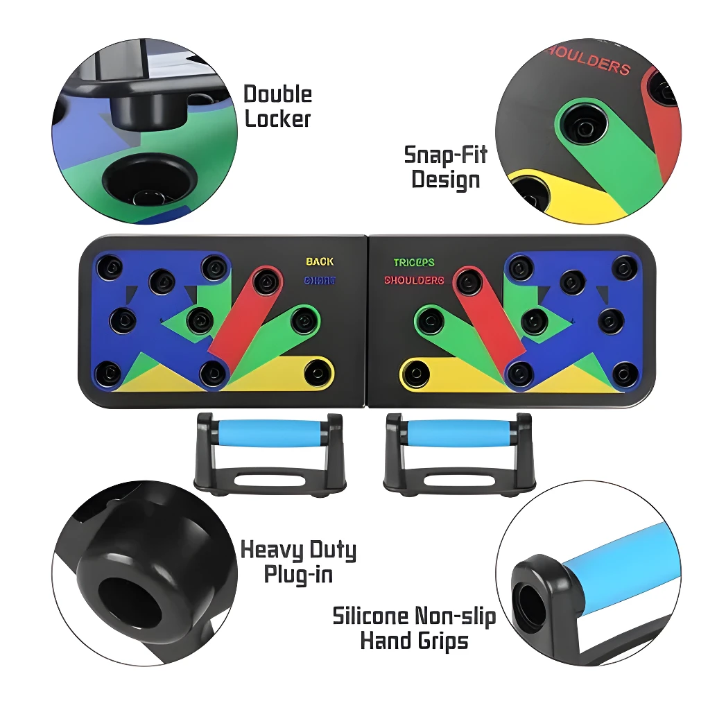 Soporte profesional para flexiones con diseño snap-fit, doble locker y agarres de silicona.