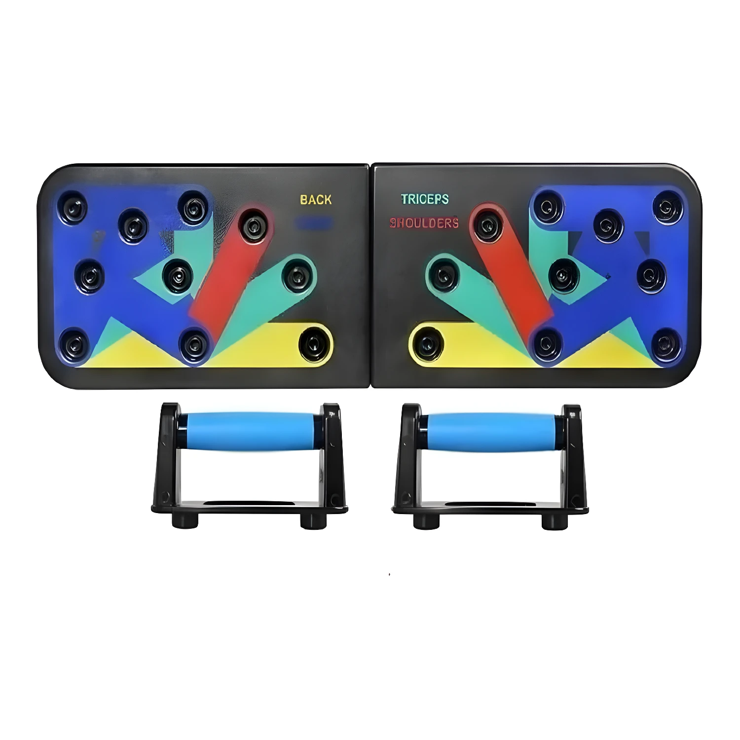 Soporte profesional de flexiones para ejercicios de espalda, tríceps y hombros con mangos azules.