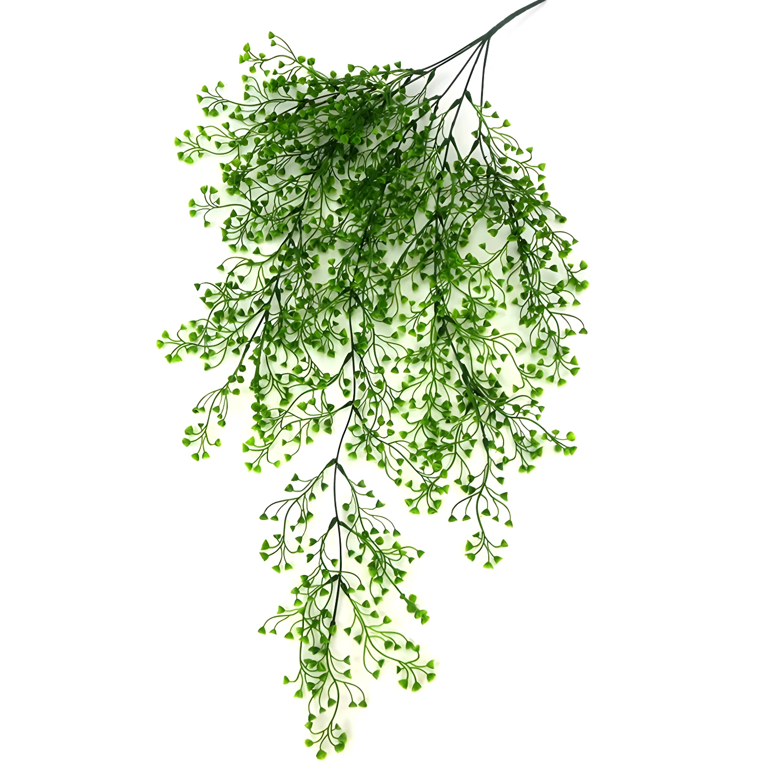 Racimo colgante artificial verde con finas hojitas, ideal para decorar.