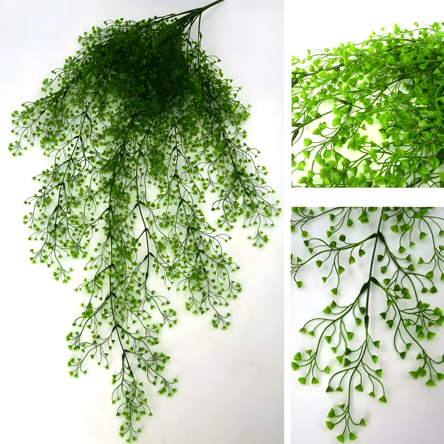 Racimo colgante de planta artificial verde, cascada decorativa con finas hojas.