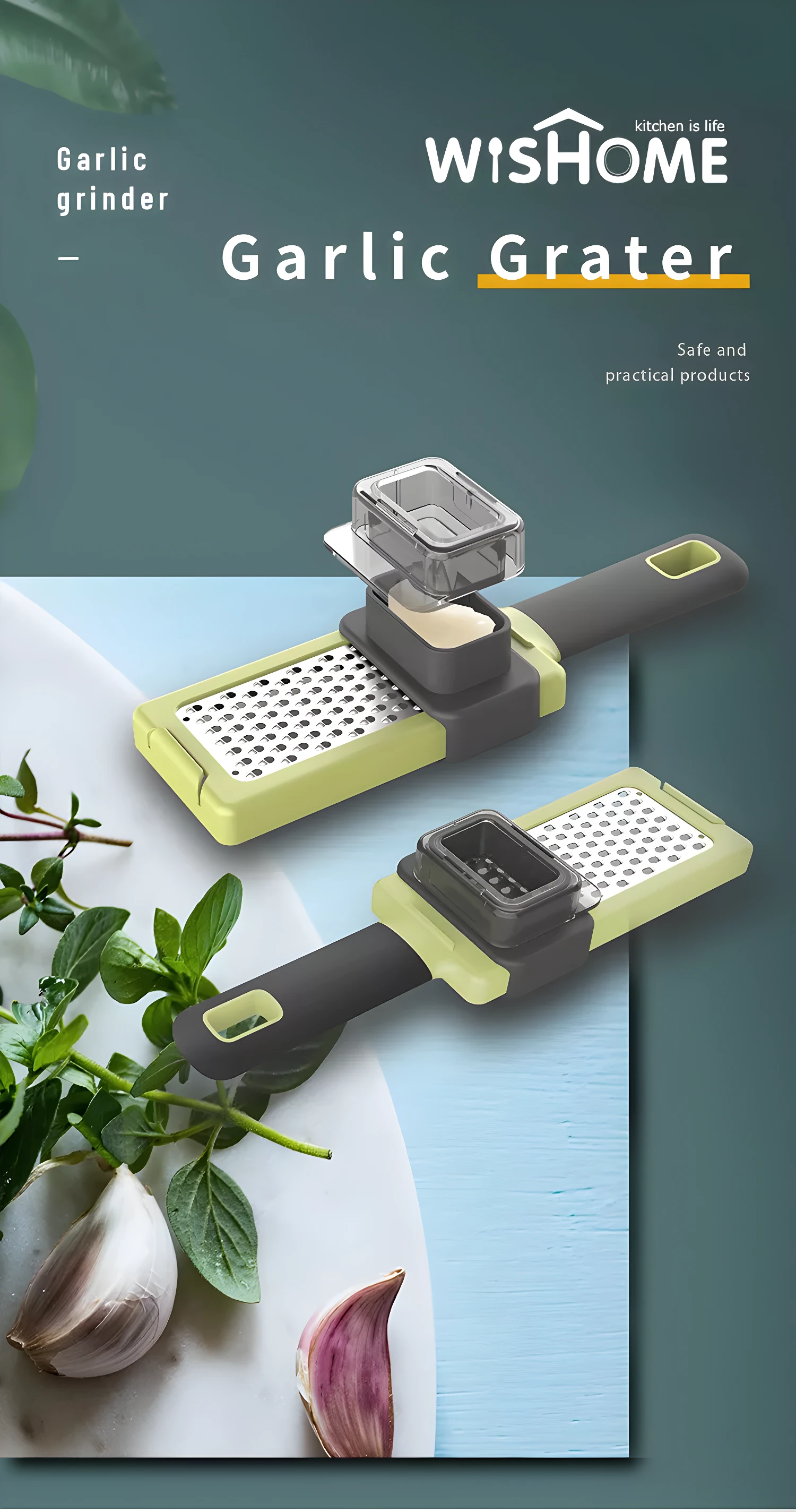 Rallador de ajo WisHome con tapa, ideal para picar ajo finamente de forma segura.