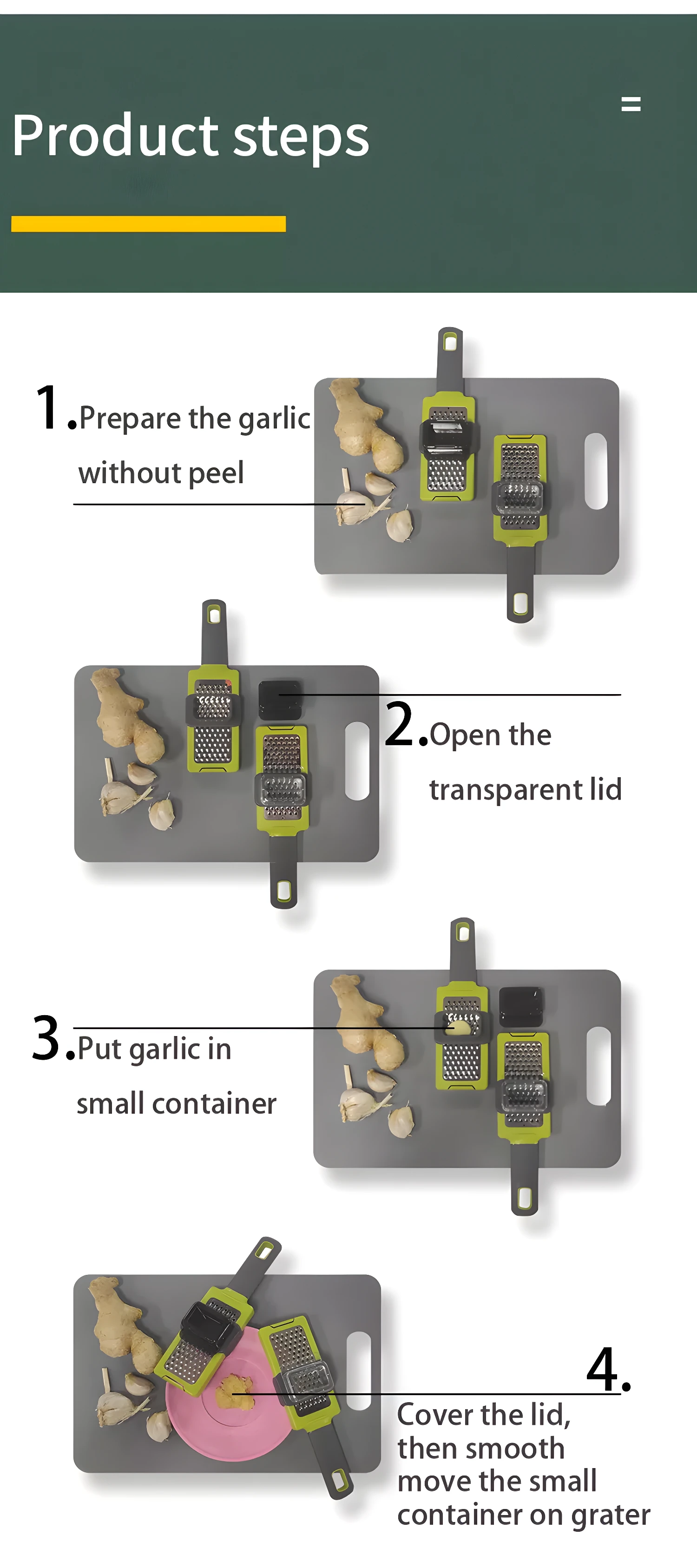 Rallador de ajo y jengibre con instrucciones paso a paso para picar sin cáscara.