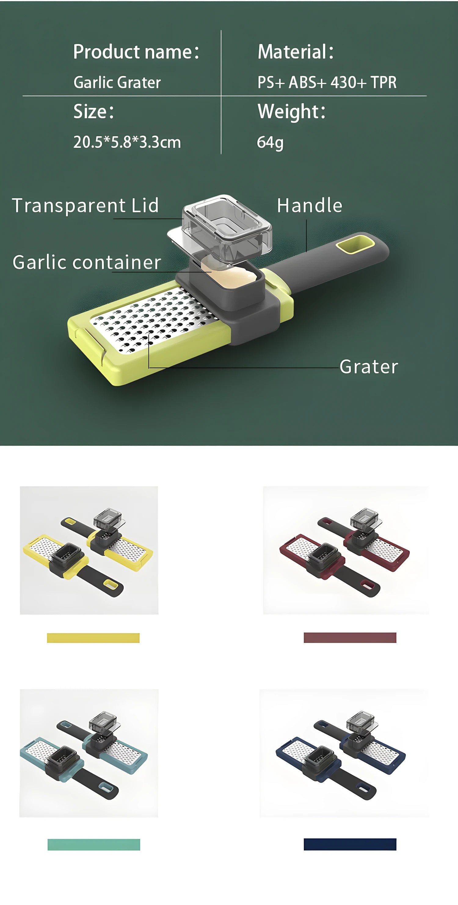 Rallador de ajo con contenedor y mango ergonómico, ideal para tu cocina.