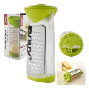 Rallador de queso manual con contenedor y tapa verde, ideal para rallar y servir fácilmente.