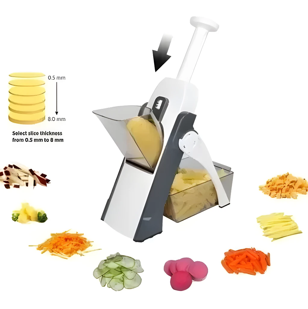 Rallador y cortador de verduras con ajuste de grosor de 0.5 mm a 8 mm para rodajas y julianas.