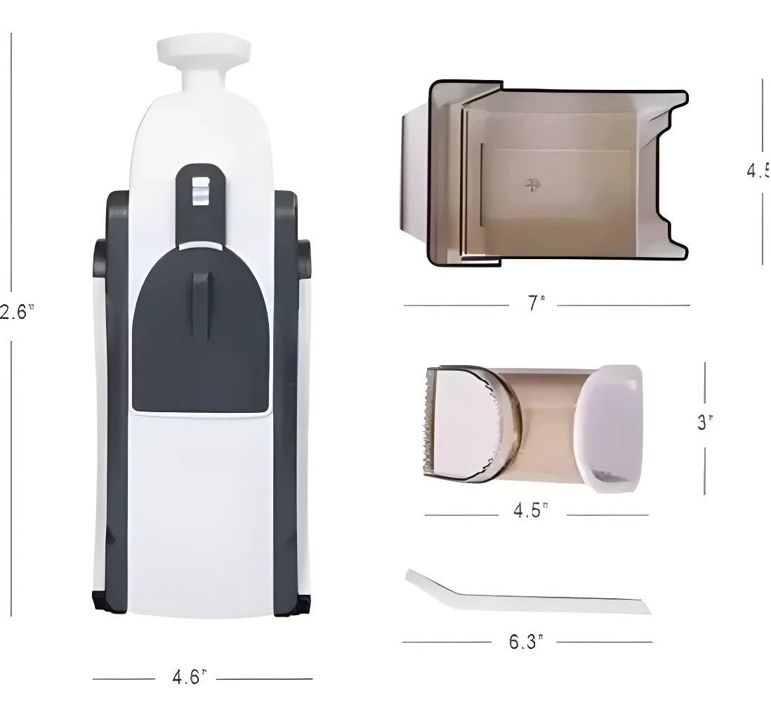 Rallador cortador de verduras con compartimento y cuchillas detalladas, dimensiones 2.6x4.6".