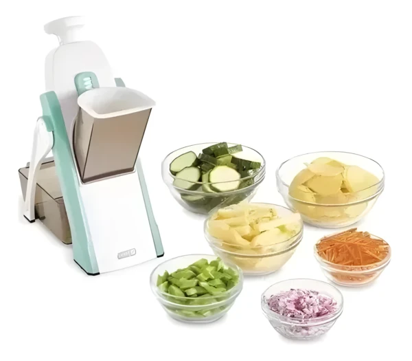 Rallador rebanador de verduras Dash con recipientes de pepino, papa, zanahoria y cebolla.