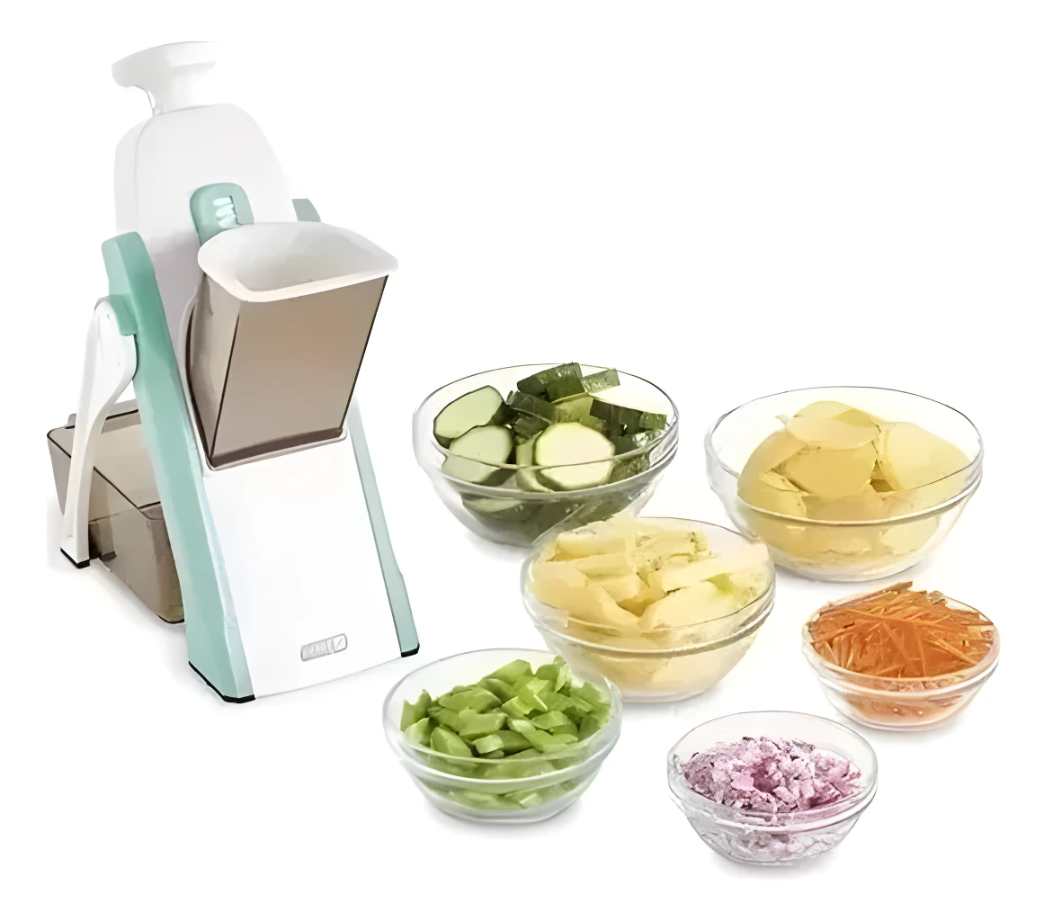 Rallador rebanador de verduras Dash con recipientes de pepino, papa, zanahoria y cebolla.