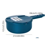 Rallador y rebanador 3 en 1 azul, 28x17x8.5cm, con cuchillas integradas.