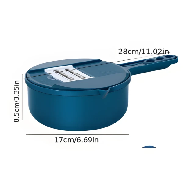 Rallador y rebanador 3 en 1 azul, 28x17x8.5cm, con cuchillas integradas.