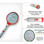 Raqueta mata mosquitos eléctrica recargable con 2 linternas LED ultrabrillantes.