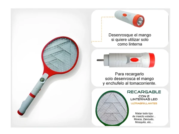 Raqueta mata mosquitos eléctrica recargable con 2 linternas LED ultrabrillantes.