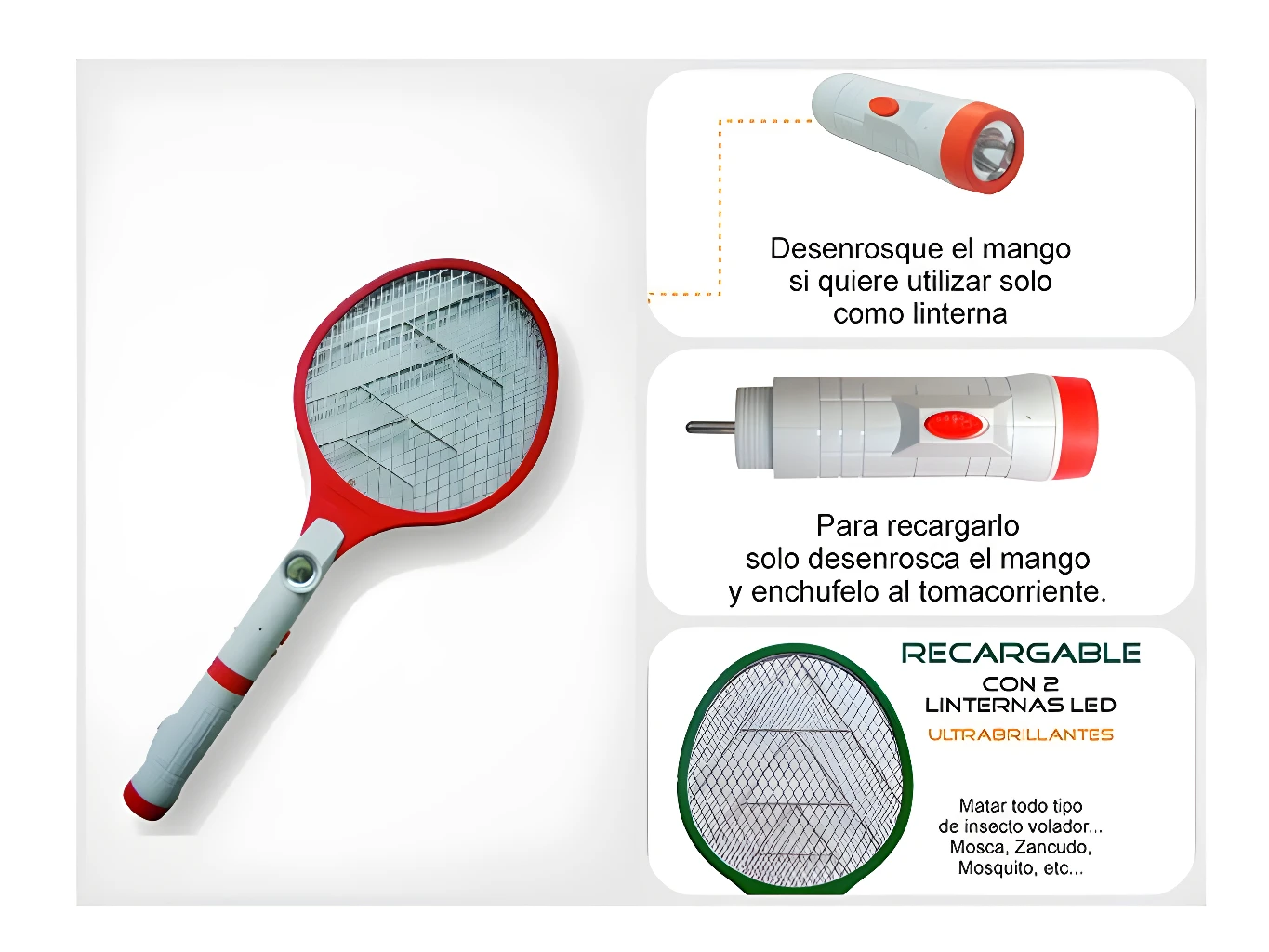 Raqueta mata mosquitos eléctrica recargable con 2 linternas LED ultrabrillantes.