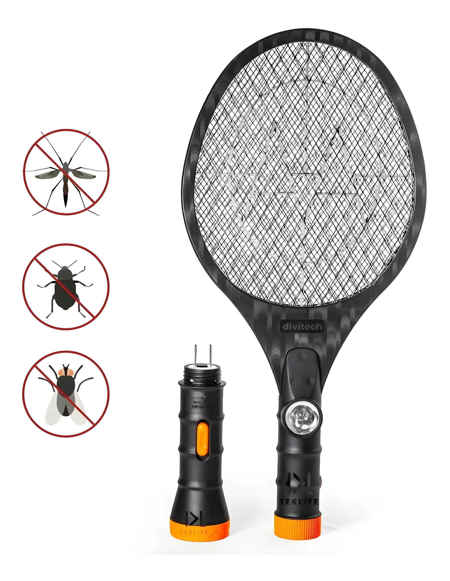 Raqueta eléctrica para matar mosquitos con luz LED y 3 insectos prohibidos.