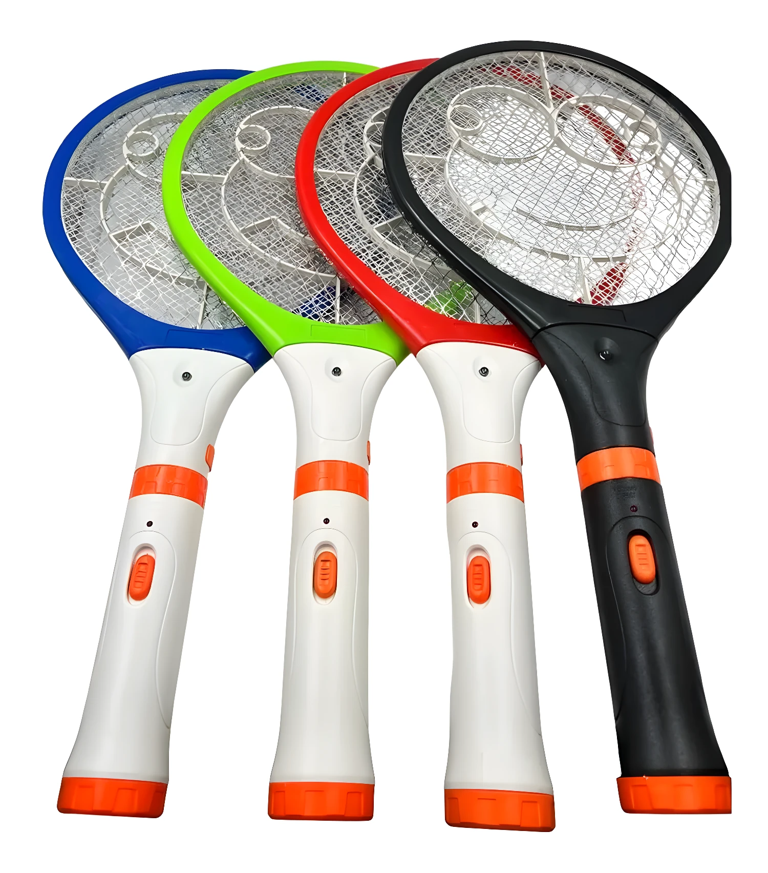Raquetas mata mosquitos eléctricas de colores: azul, verde, rojo y negro.