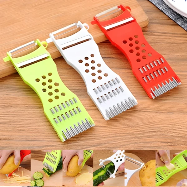 Set de 3 rebanadores de verdura 5 en 1, rojo, blanco y verde, con cuchillas inoxidables para cocina.