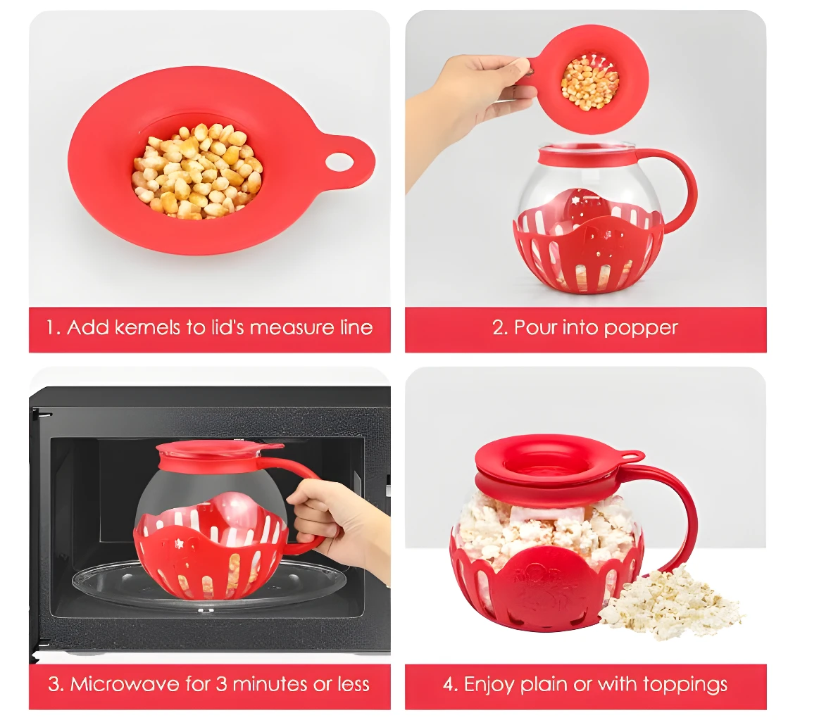 Recipiente para crispetas en horno microondas, listo para usar y disfrutar.