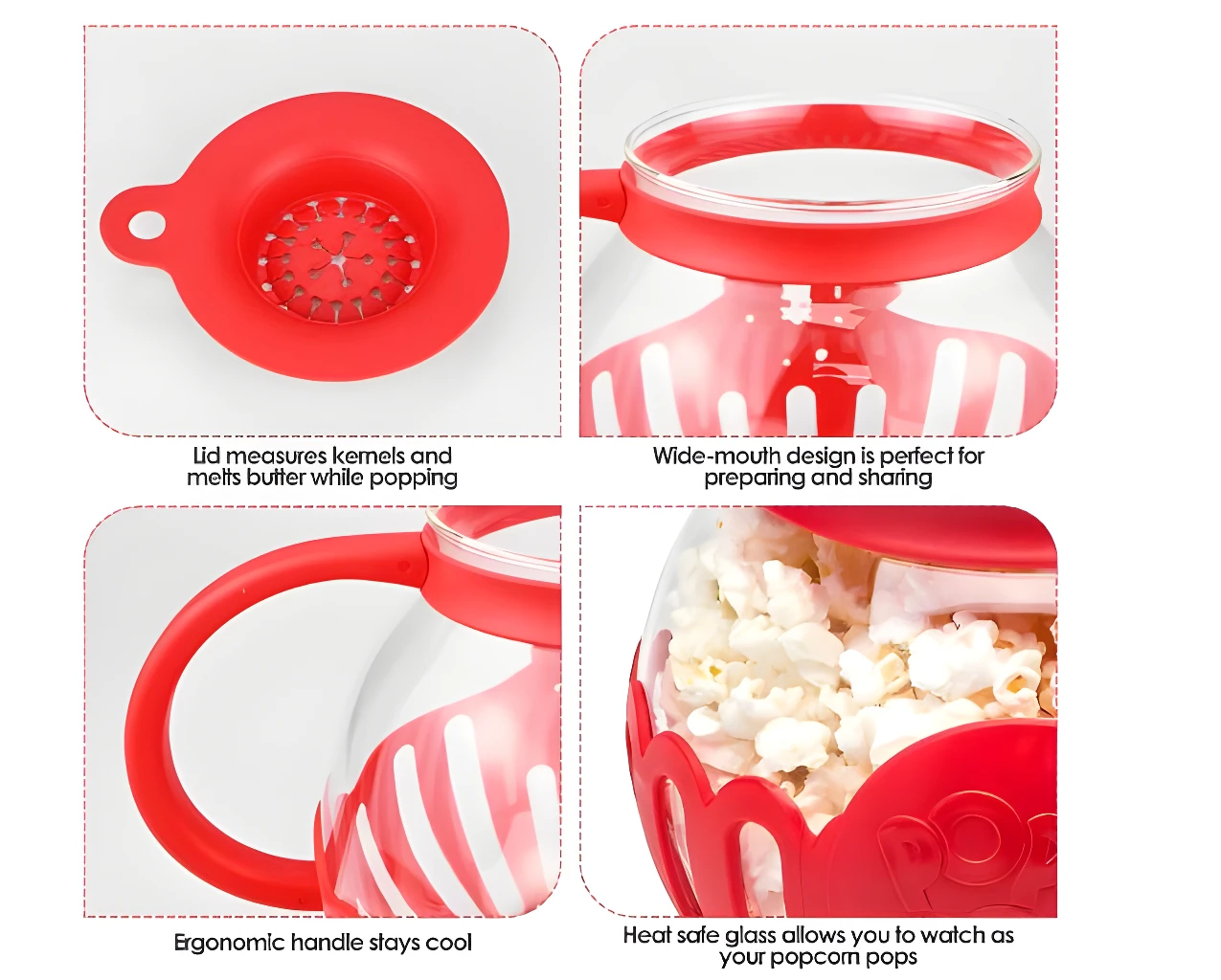 Recipiente de vidrio para crispetas en horno con tapa medidora y mango ergonómico.