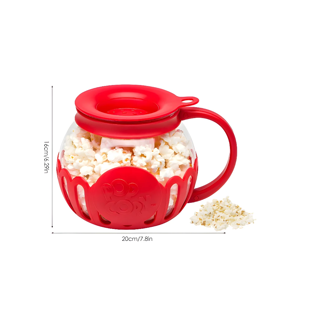 Recipiente rojo para crispetas con asa y tapa, para horno microondas.