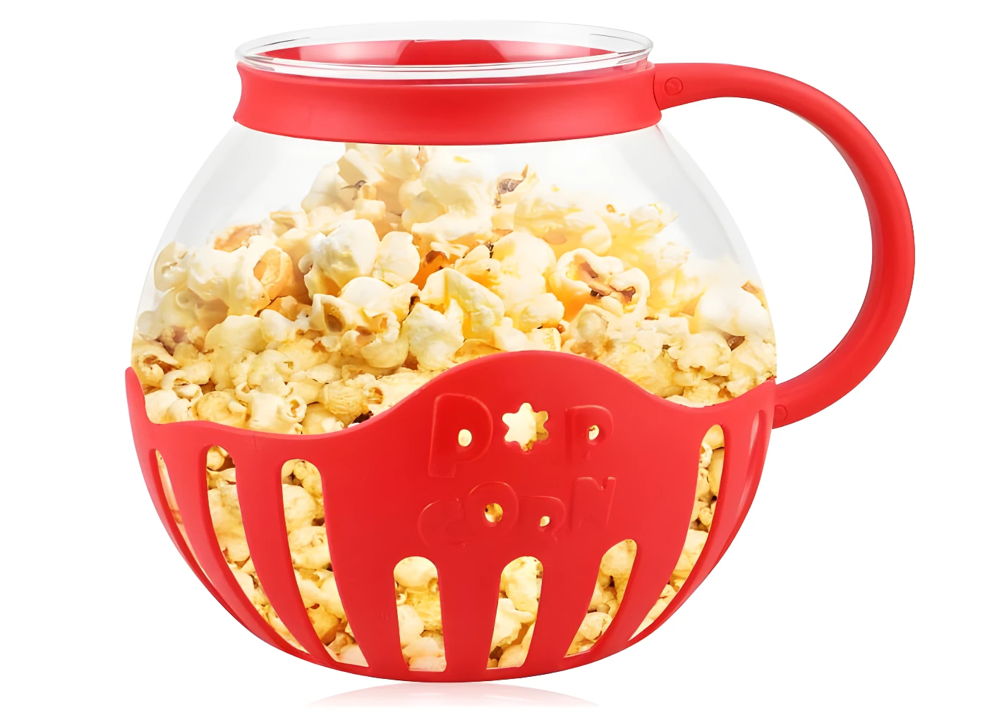 Recipiente de vidrio para crispetas con tapa y base roja, lleno de crispetas recién hechas.