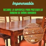 Reparador de Madera Bee Repair: mesa de madera brillante con gotas de agua, superficie impermeable.