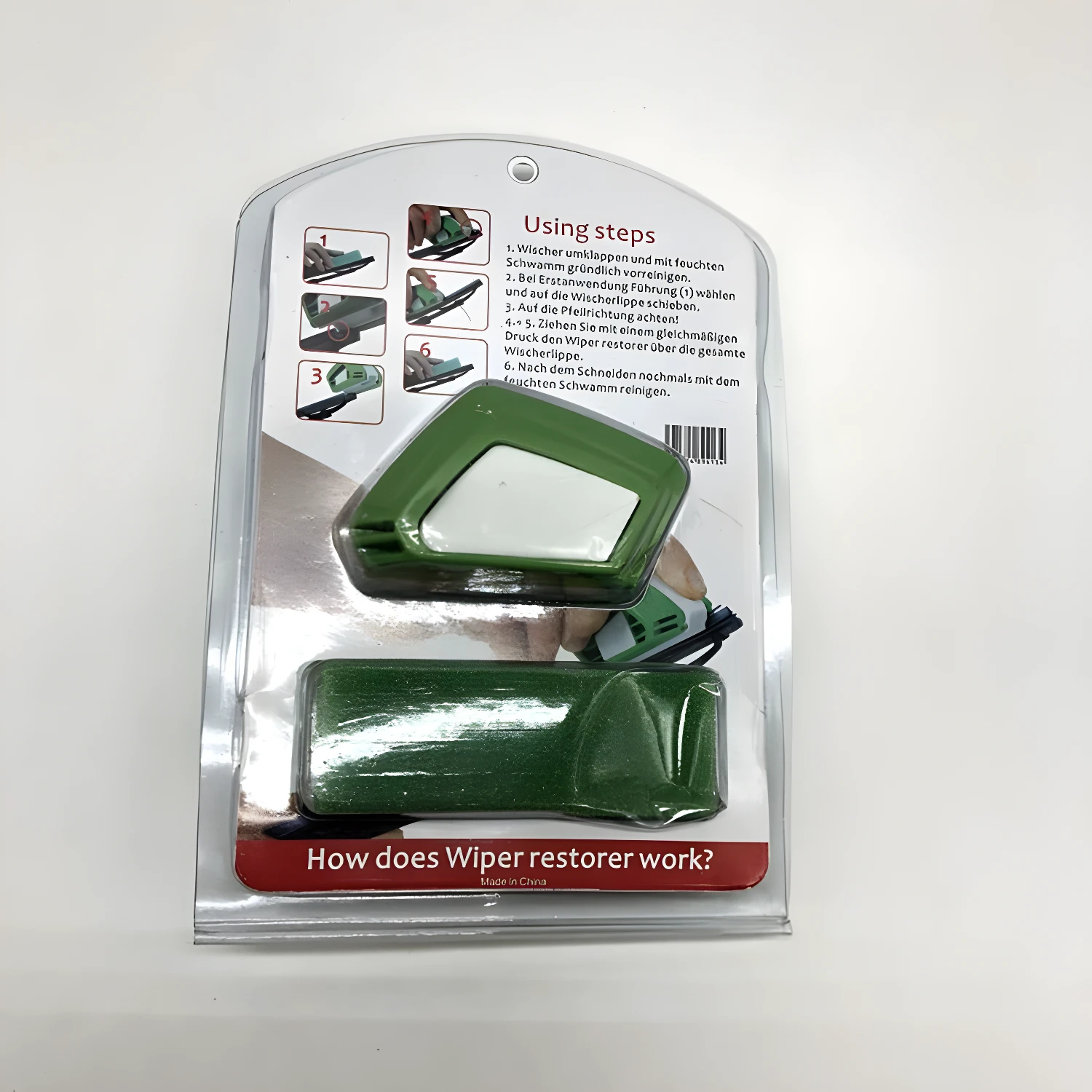Reparador de plumilla para limpiaparabrisas, verde, con instructivo de uso.